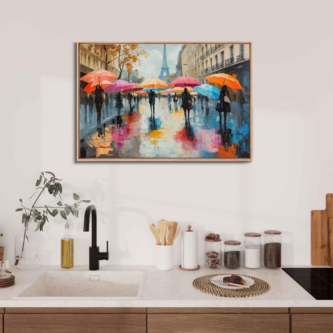 Paris Street Colorful Umbrellas Rainy Reflections Eiffel Tower Poster