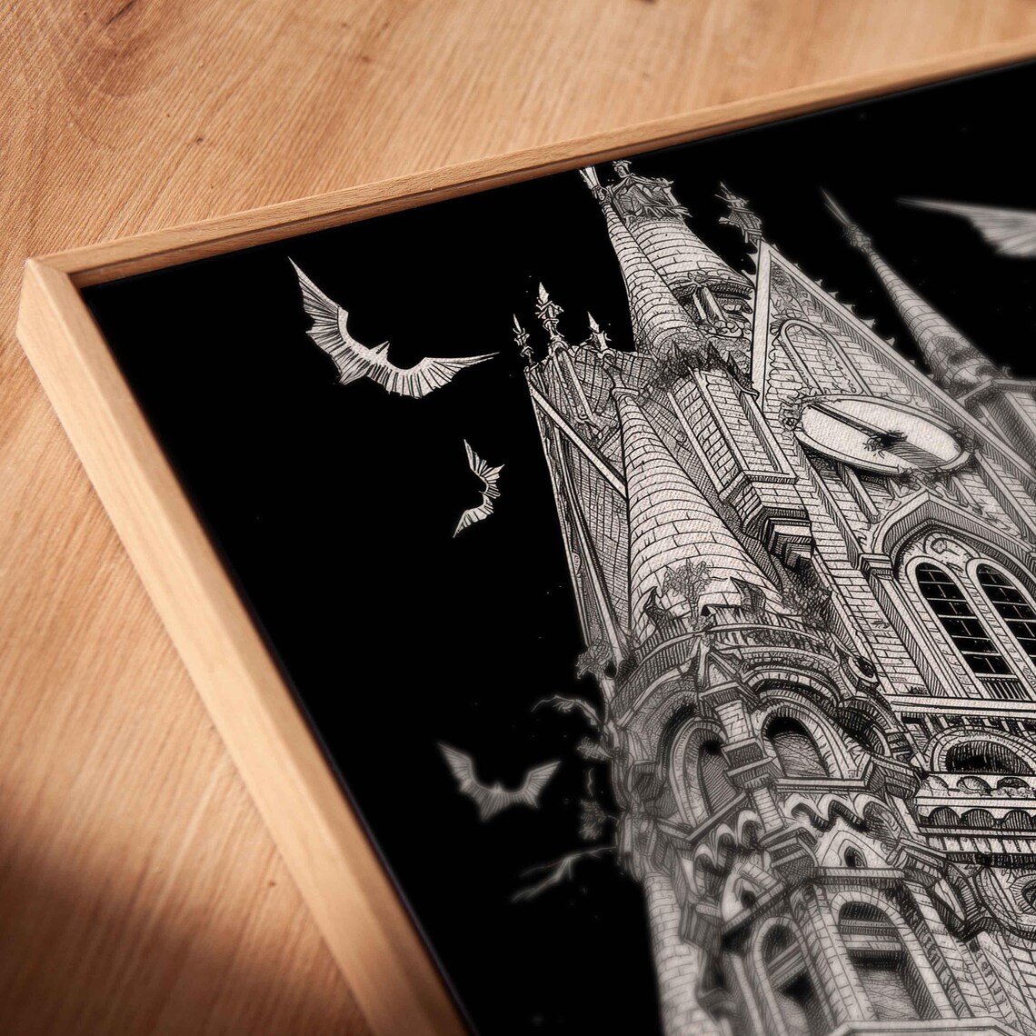 Gothic Clocktower Under Full Moon With Bats Flying Night Sky Wall Poster - Image 2