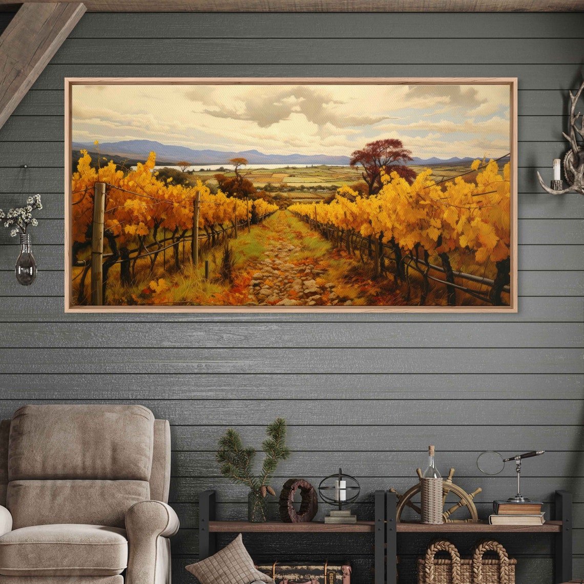 Autumn Vineyard Golden Vines Lake Mountain View Fall Painting Print - Image 2