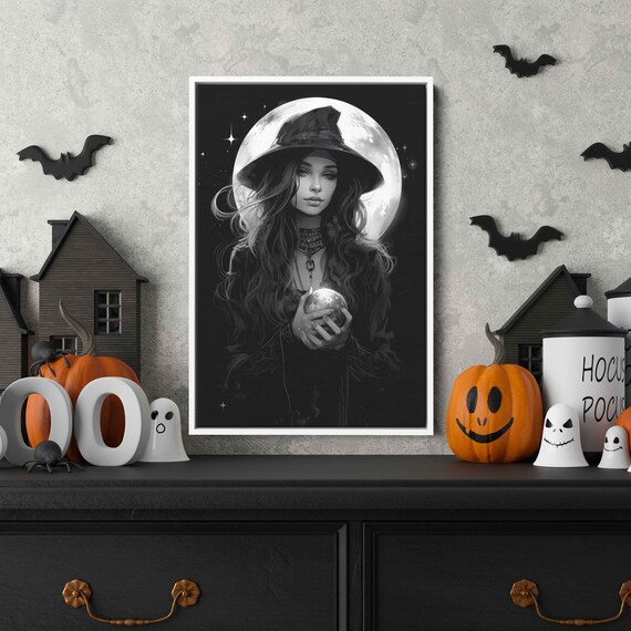 Witch Crystal Orb Full Moon Black White Gothic Halloween Portrait Art Print
