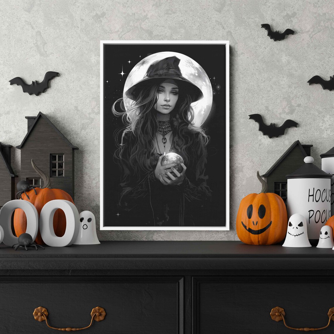 Witch Crystal Orb Full Moon Black White Gothic Halloween Portrait Art Print