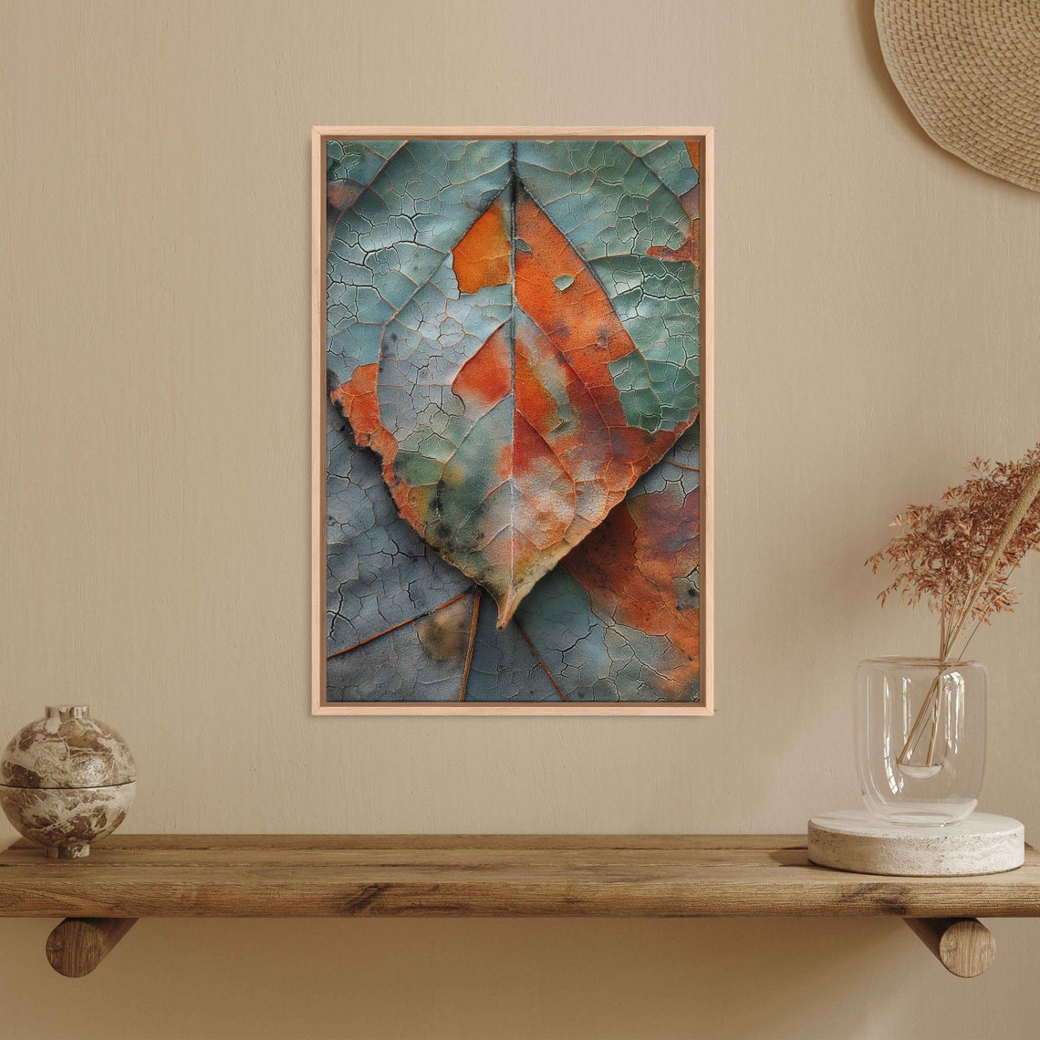 Dried Leaf Macro Close Up Teal Orange Autumn Botanical Print