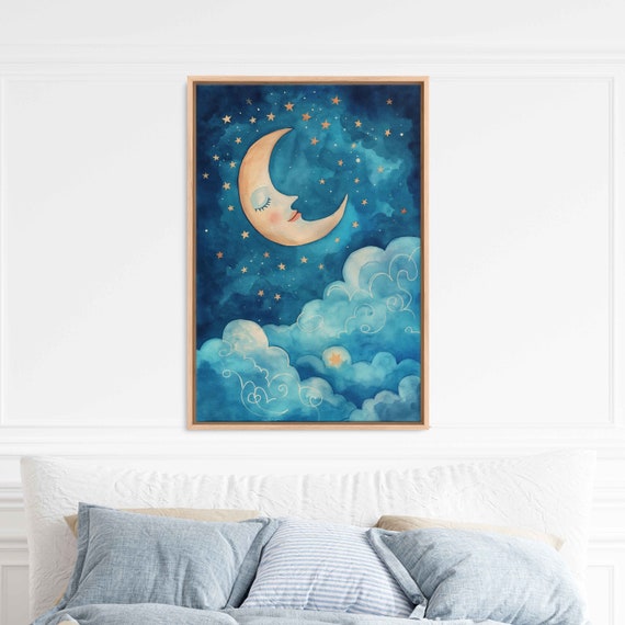 Crescent Moon Star Filled Night Sky Colorful Clouds Wall Art Print Ready To Hang