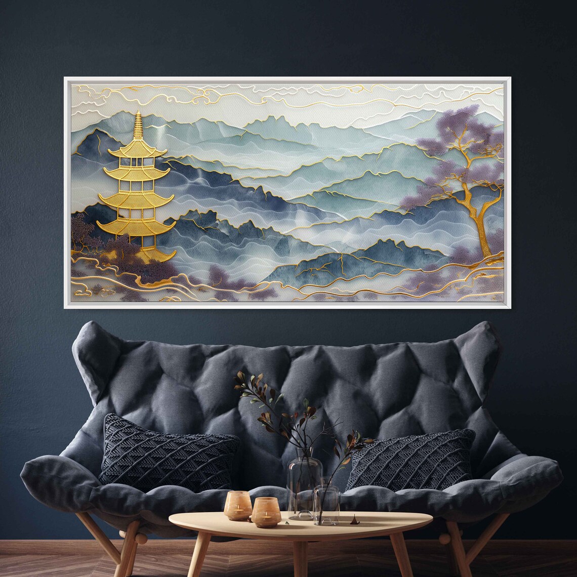 Gold Inlaid Jade Pagoda, Chinese Ink Landscape Art Print