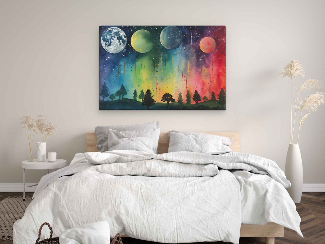 Celestial Night Sky Four Planets Aurora Rainbow Trees Watercolor Print - Image 3