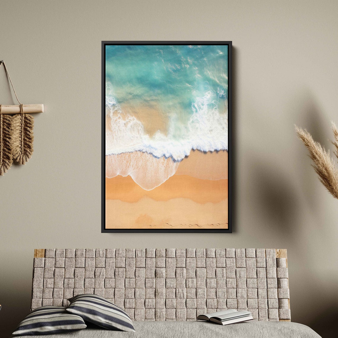Aerial Ocean Wave Breaking Golden Sand Turquoise Water Beach Art Print - Image 2