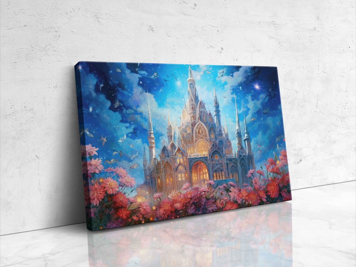 Fairy Tale Enchanted Castle With Flowers, Watercolor - Image 4