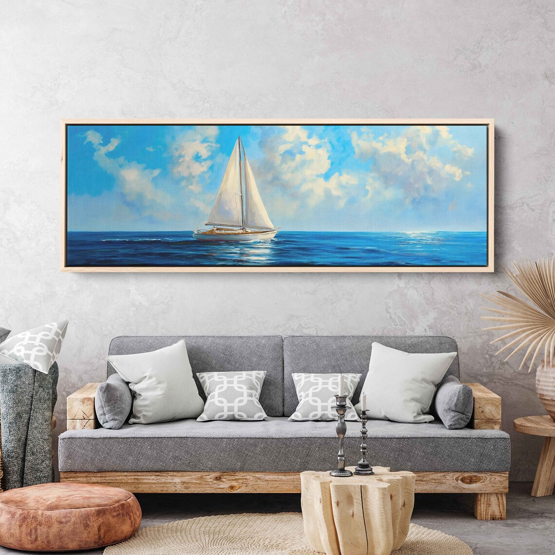 Small Sailboat Calm Bright Blue Sea White Clouds Panorama Travel Poster - Image 2