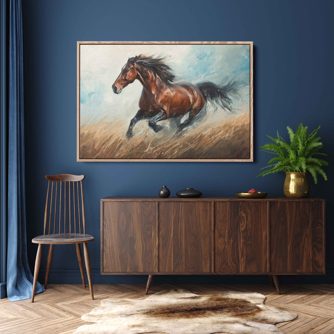 Brown Horse Galloping Golden Wheat Field Prairie Oil Painting Print - Image 2