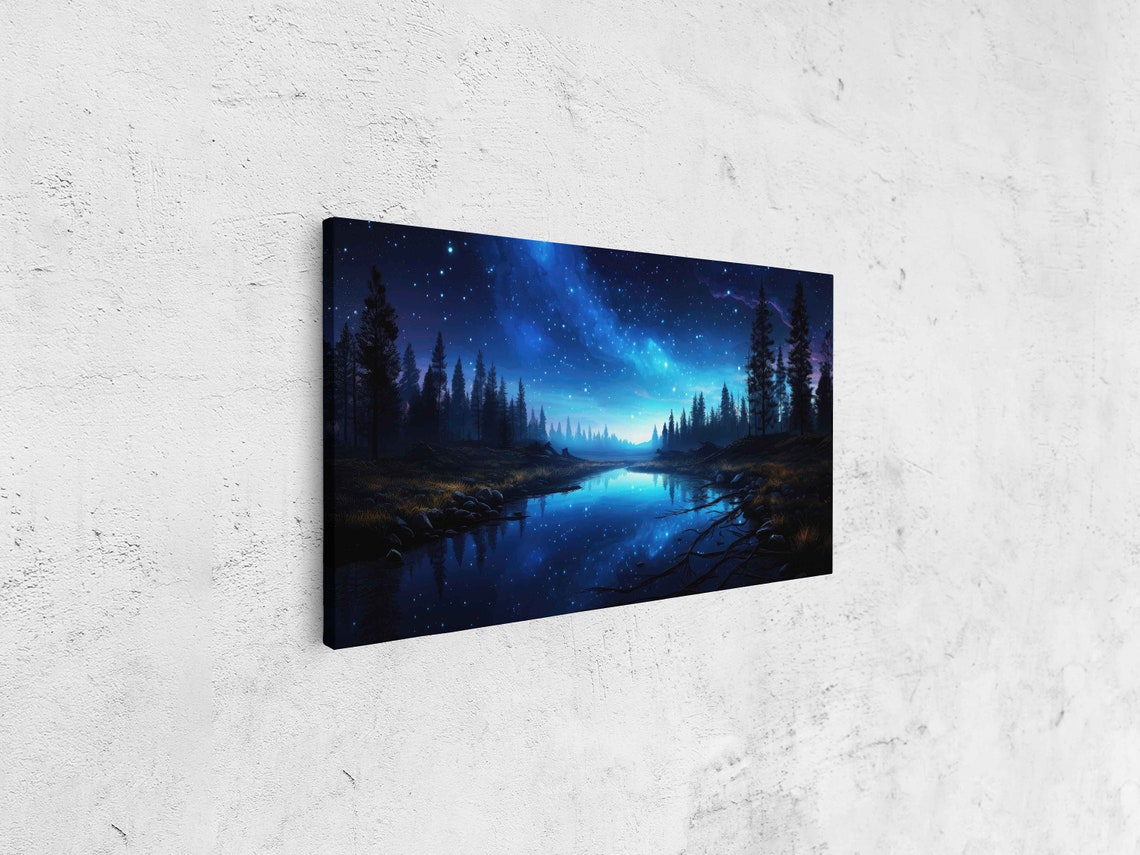Glowing Night Sky Landscape Overlooking Woods Wall Art Print Peaceful Flowing River Celestial Reflection Ready To Hang - Image 4