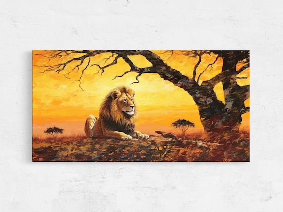 Lion Lying Under Tree Fiery Sunset Sky African Savanna Wildlife Art Poster