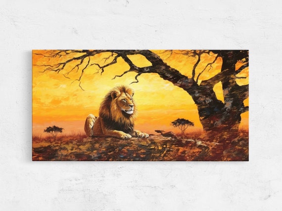Painting Of African Lion Lying Under A Tree Framed Print Ready To Hang Gift For Leo