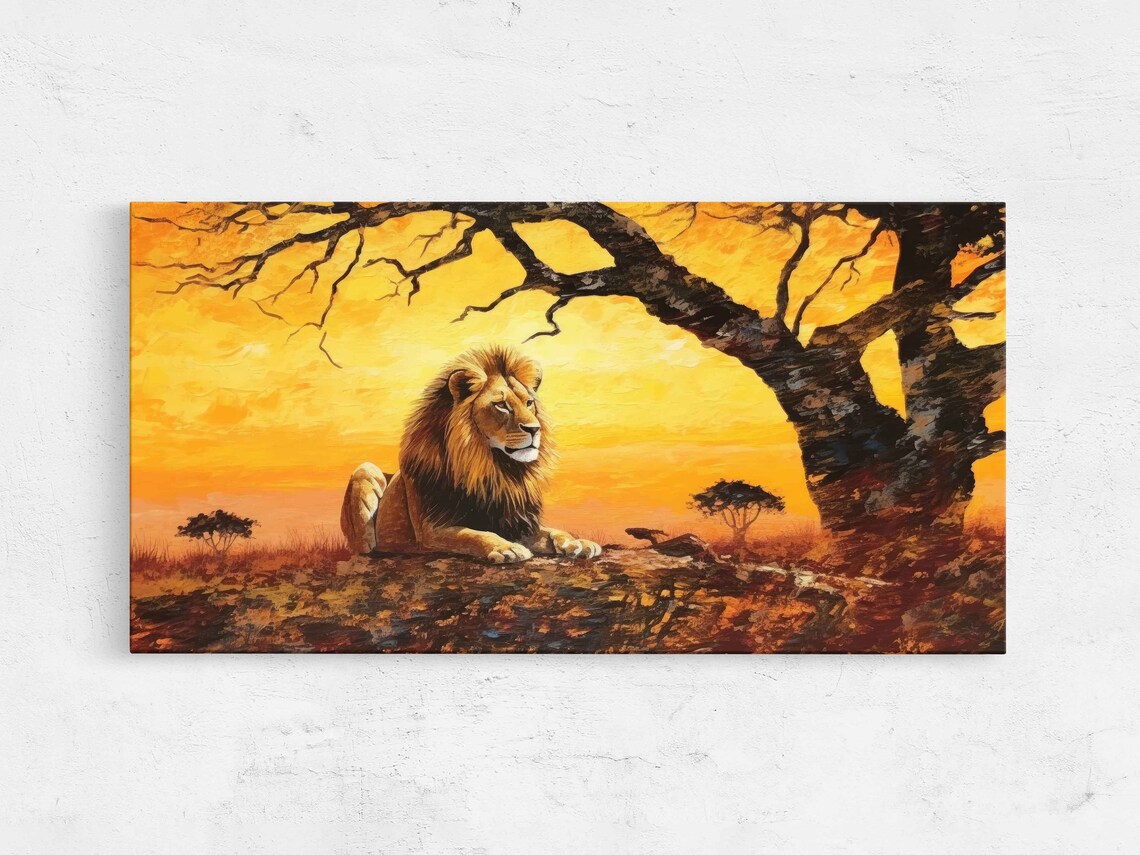 Lion Lying Under Tree Fiery Sunset Sky African Savanna Wildlife Art Poster