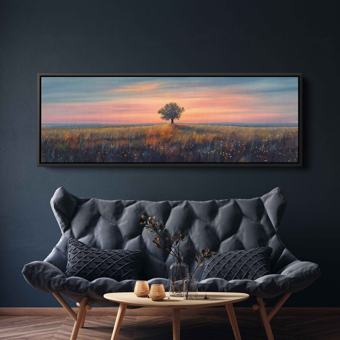 Minimalistic Serene Meadow Landscape Panoramic Wall Art Print Lone Tree In Grassland Nature Painting Ready To Hang