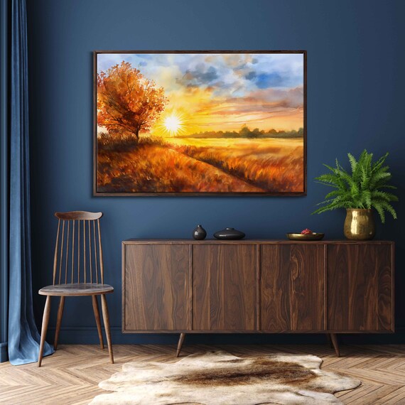 Lone Golden Tree During Sunset In The Middle Of Field With Cloudy Sky Wall Art Print Nature Photo Ready To Hang