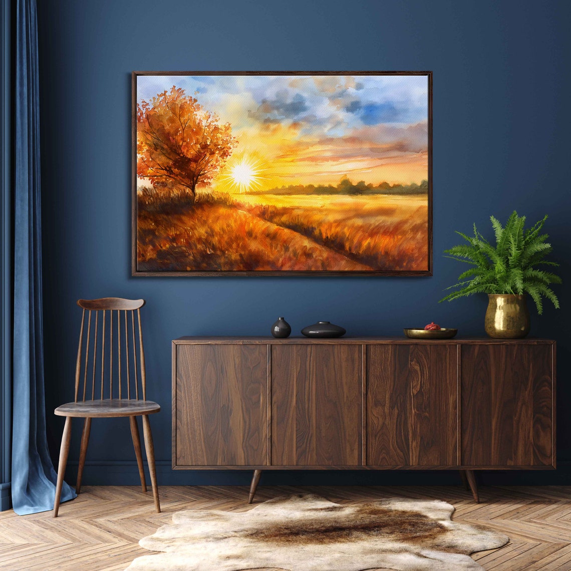 Lone Autumn Tree In Golden Meadow At Sunset Watercolor Art Poster