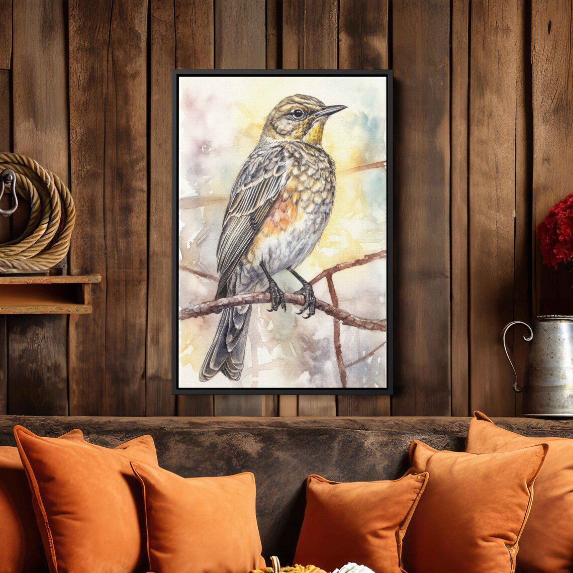 Songbird On Branch Watercolor Painting Soft Yellow Tones Art Poster - Image 2