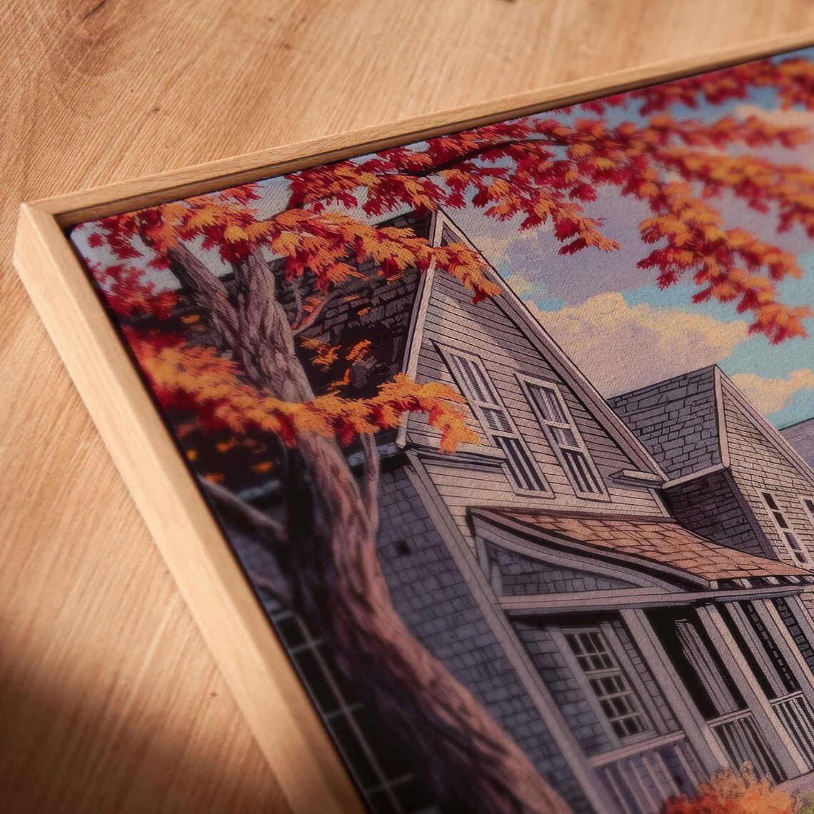 Charming Village Street In Autumn Leaf Covered Road Painting Poster - Image 2