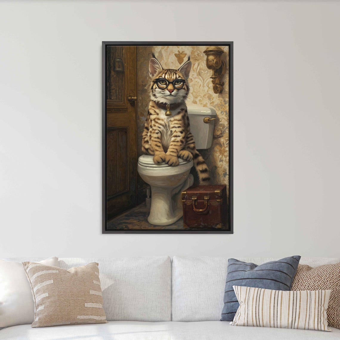Funny Tabby Cat With Glasses Sitting On Vintage Toilet Art Poster