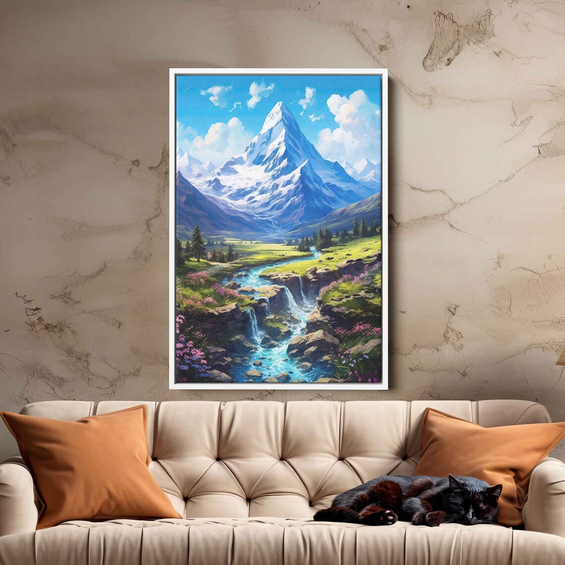Snowy Cloudy Mountain Painting With Winding River Print On Framed Options Ready To Hang - Image 2