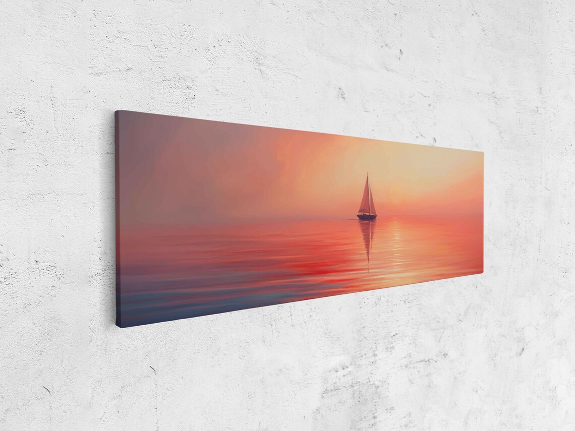 Sailboat At Sunset Coral Sea Minimalist Panoramic Wall Art Print - Image 4