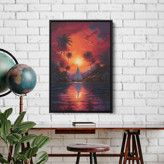 Sailboat Wall Art Print Ocean Sunset Sunrise Calm Waters Palm Trees Ready To Hang