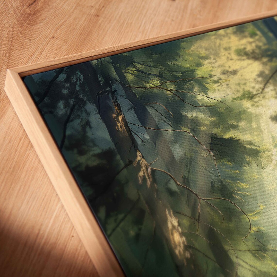 River Running Through Middle Of Forest With Sunlight Shining Through Trees Wall Art Print Nature Poster Ready To Hang - Image 2