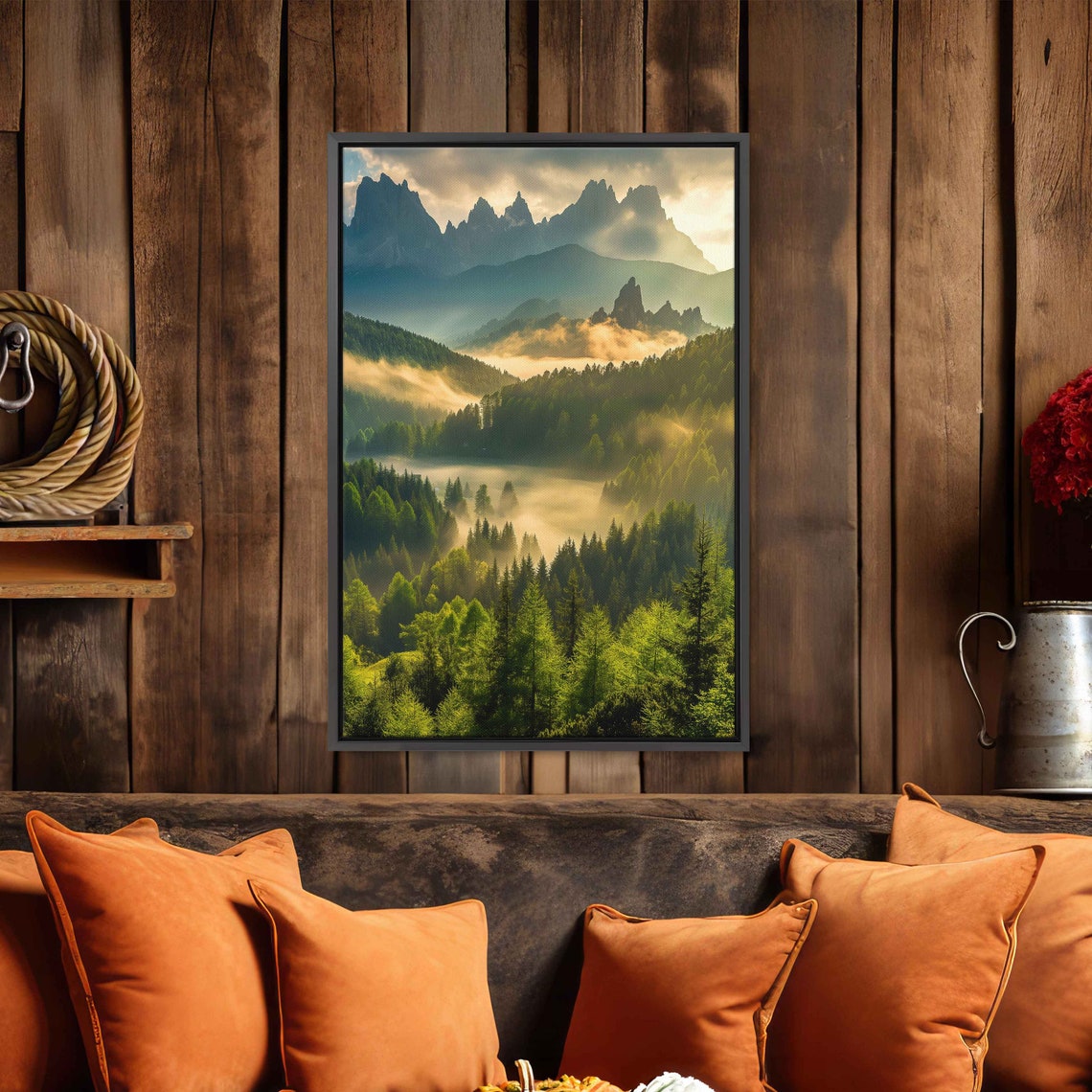 Misty Mountain Peaks Above Golden Fog Lit Evergreen Valley Wall Poster - Image 4