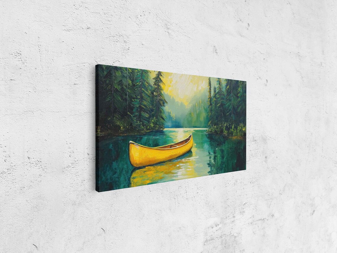 Bright Yellow Canoe on Serene Lake Art Print - Image 4