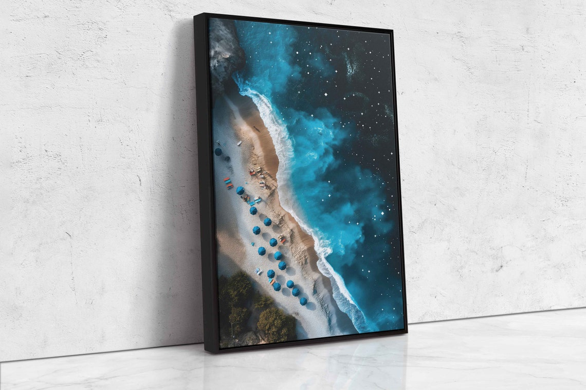 Night Beach Aerial View Turquoise Waves Umbrellas Stars Poster - Image 4