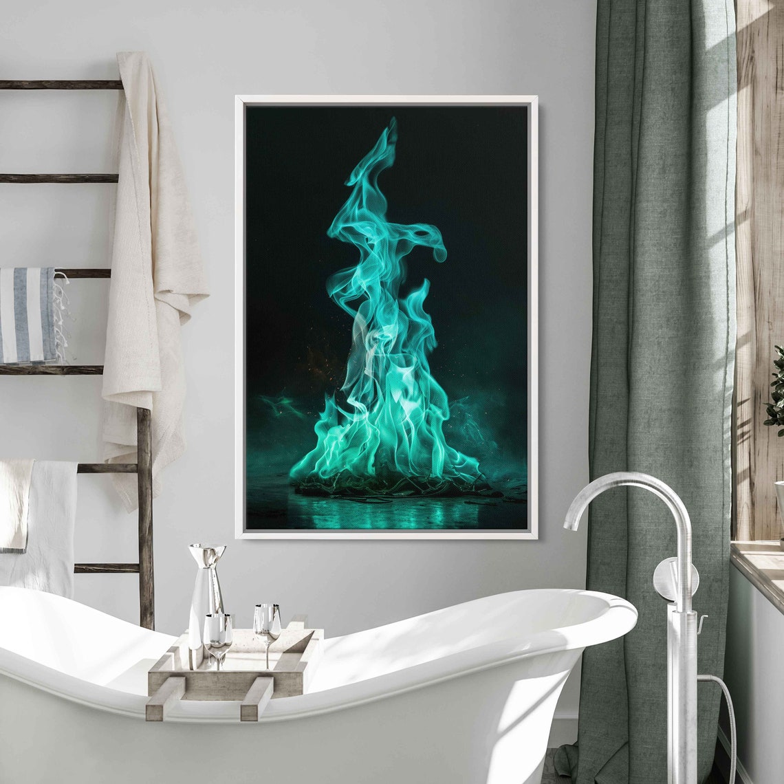Turquoise Blue Green Flames On Black Background Abstract Art Poster - Image 2
