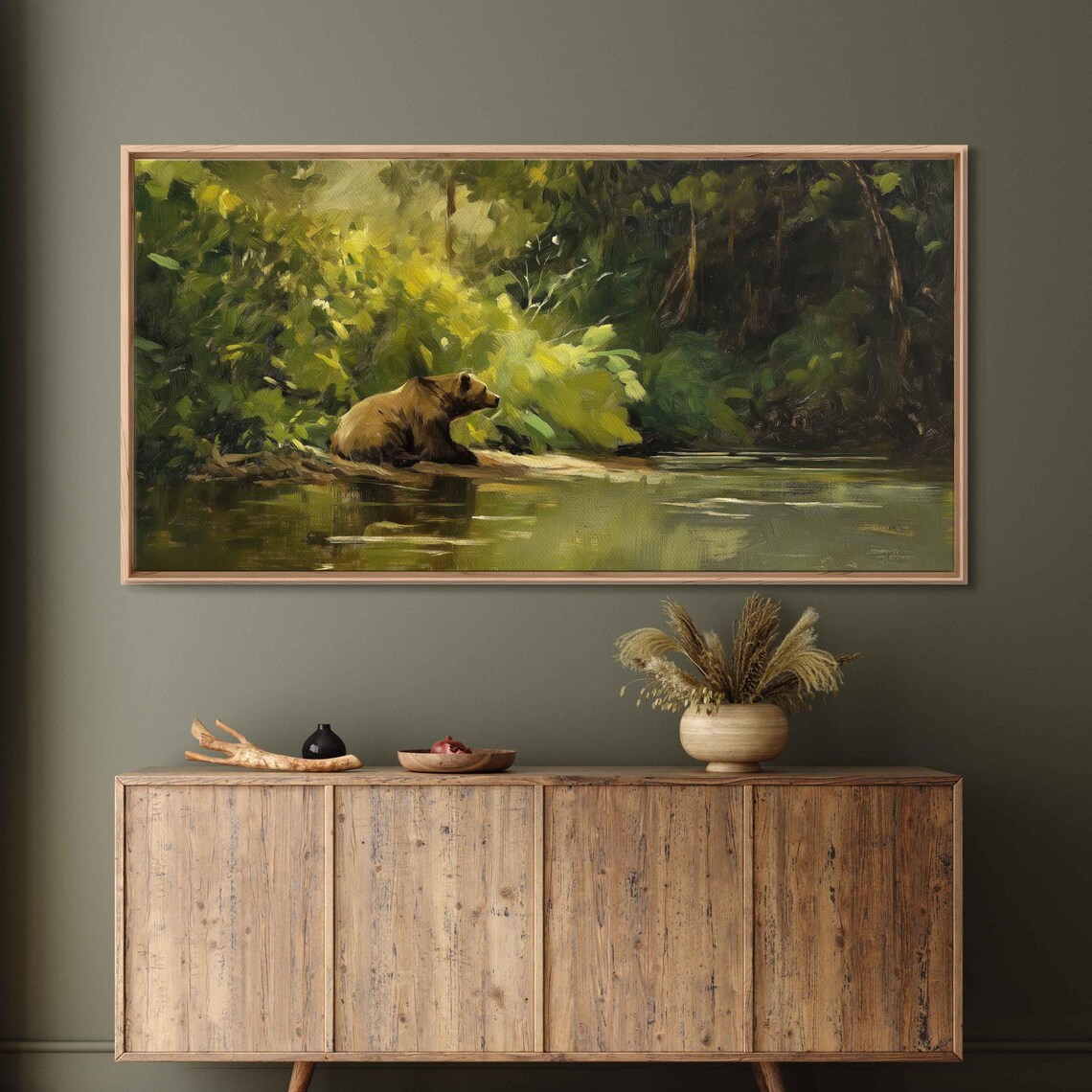Grizzly Bear Resting By Riverbank Lush Green Forest Wildlife Art Poster