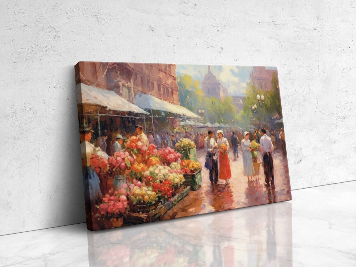 Sunlit Flower Market Street Vendors Impressionist Painting Print - Image 4