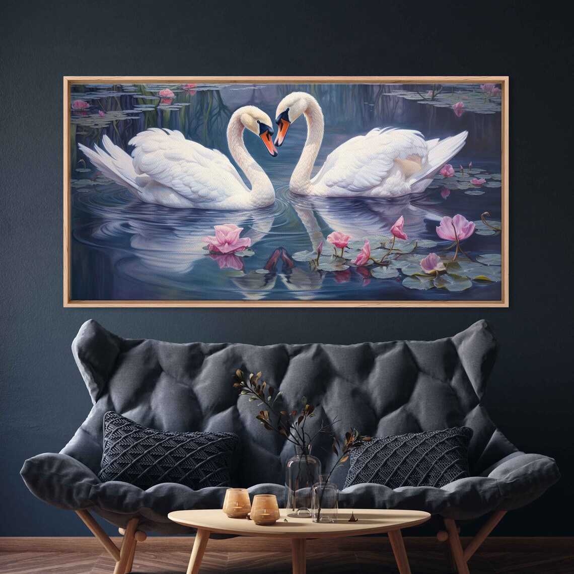 White Swans Heart Shape Pond Pink Lotus Romantic Painting Poster