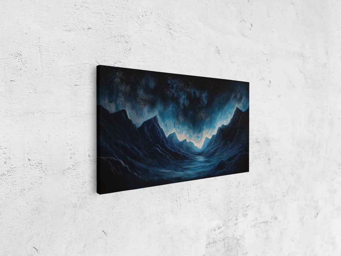 Milky Way Over Dark Mountain Valley In Acrylic Painting Poster - Image 4