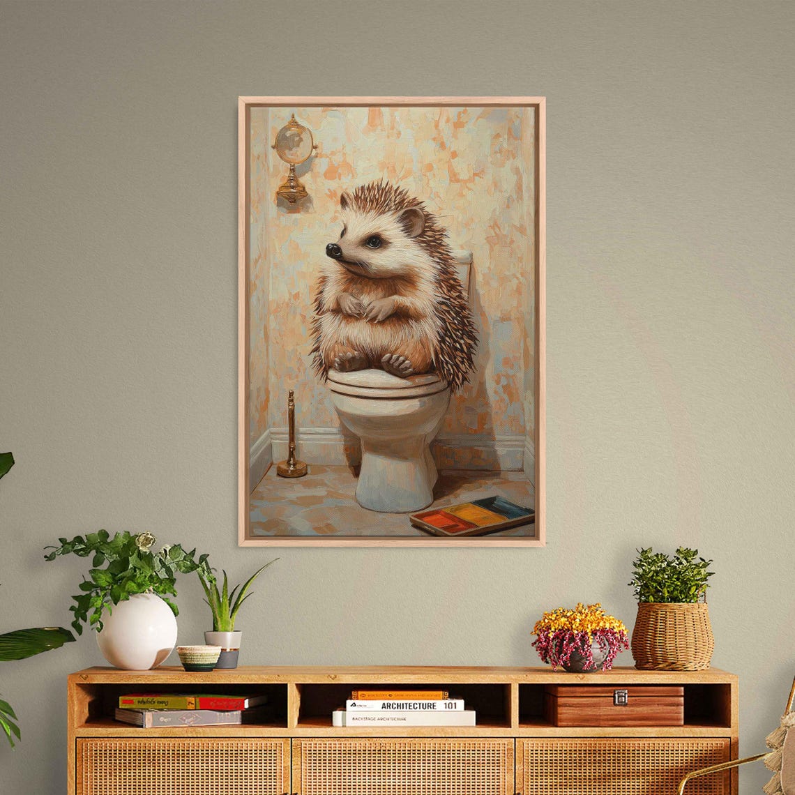 Hedgehog Sitting On Toilet Pastel Vintage Style Bathroom Poster