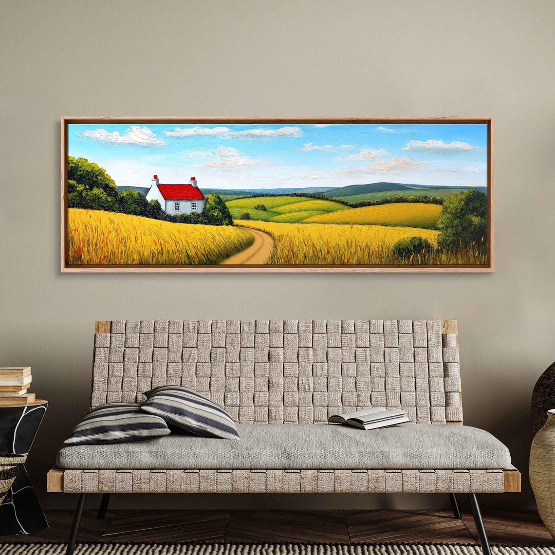 White Cottage With Red Roof In Golden Fields Panoramic Poster - Image 3