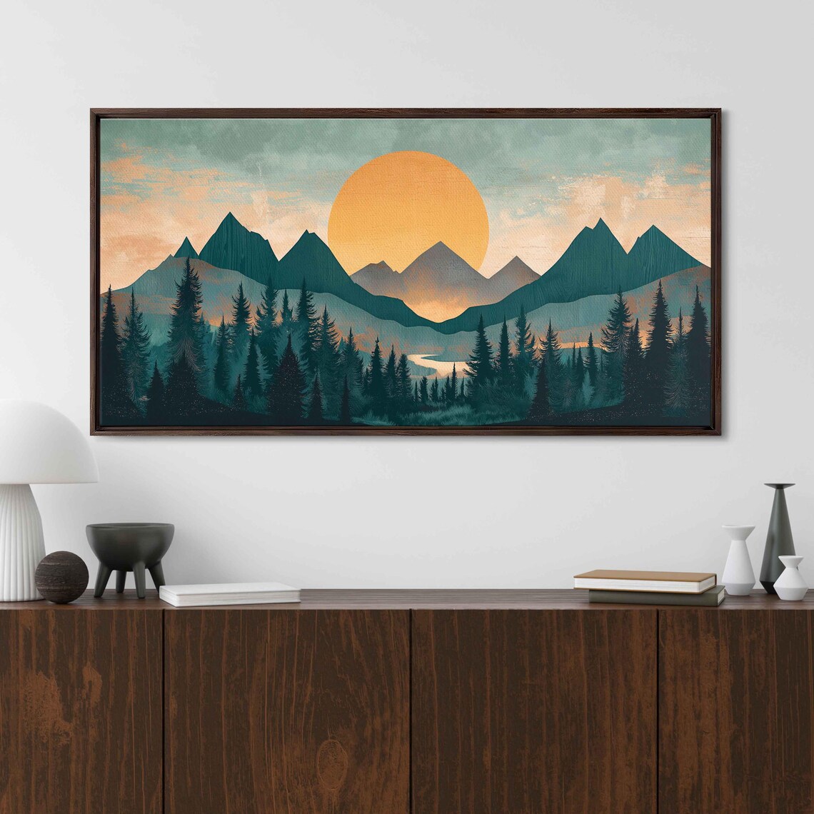 Woodcut Sunset Over Mountain Range And Forest Wall Art Print Nature Lover Outdoors Scenery Gift For Hiker Ready To Hang