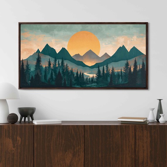 Woodcut Sunset Over Mountain Range And Forest Wall Art Print Nature Lover Outdoors Scenery Gift For Hiker Ready To Hang