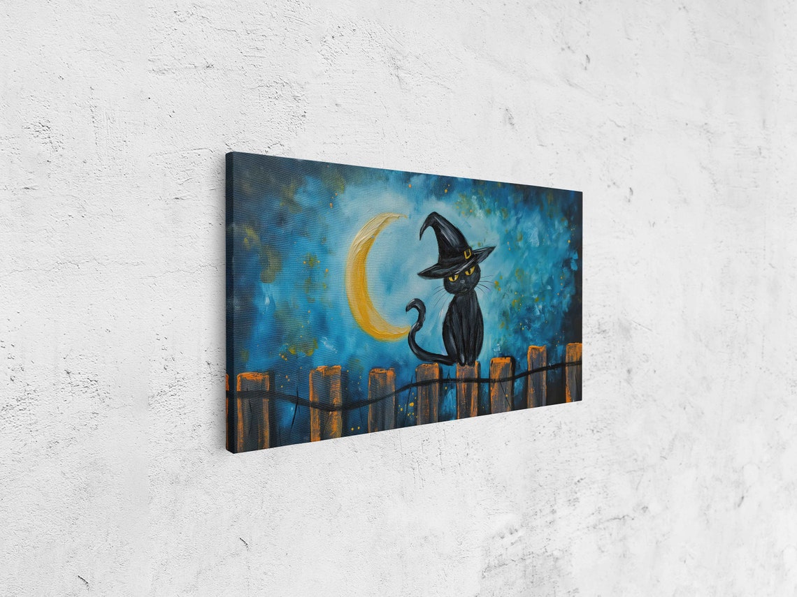 Black Cat Witch Hat Starry Night Sky Golden Moon Halloween Wall Art - Image 4
