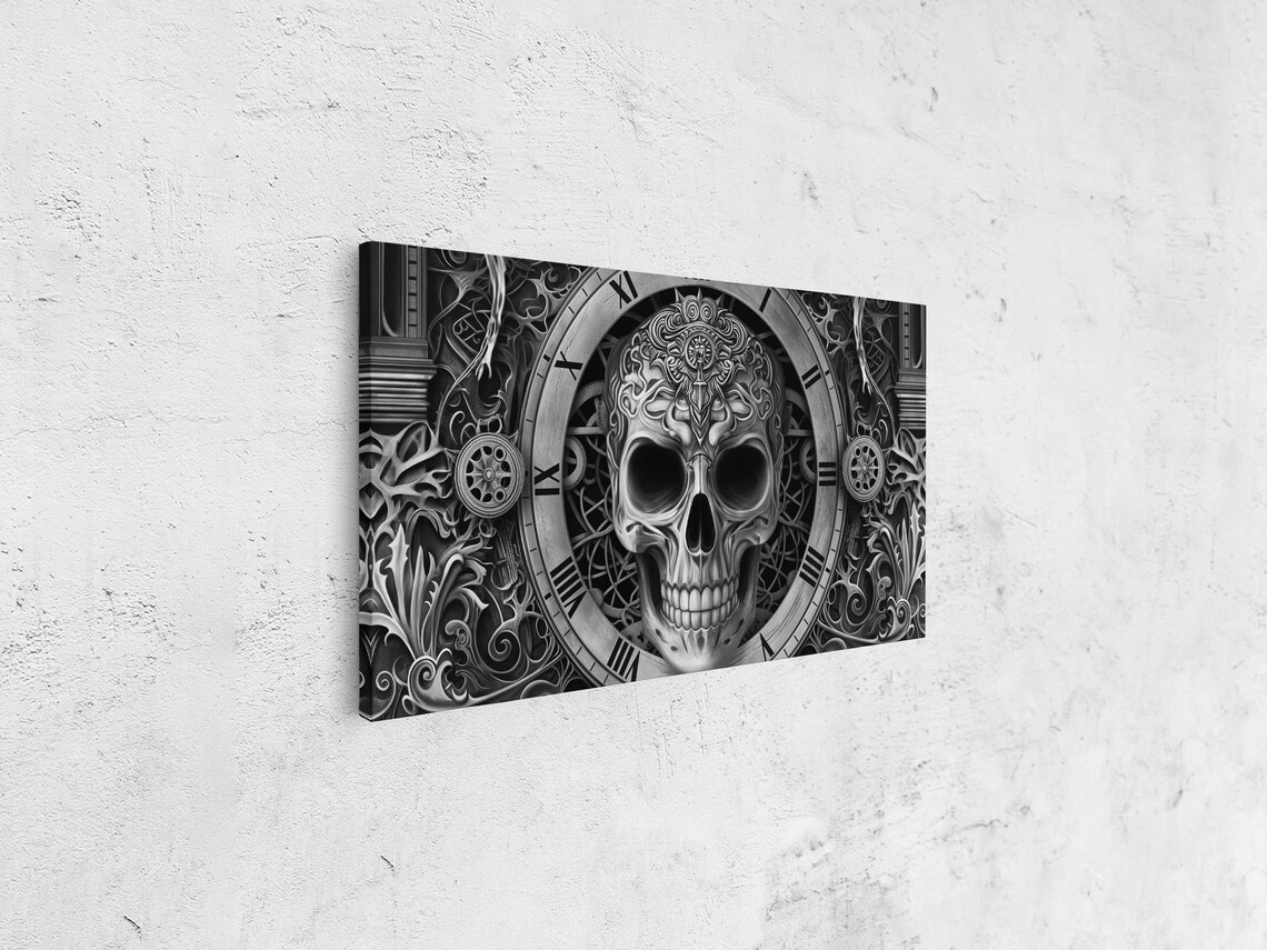 Ornate Skull Clock Roman Numerals Gears Baroque Ink Art Halloween Poster - Image 4