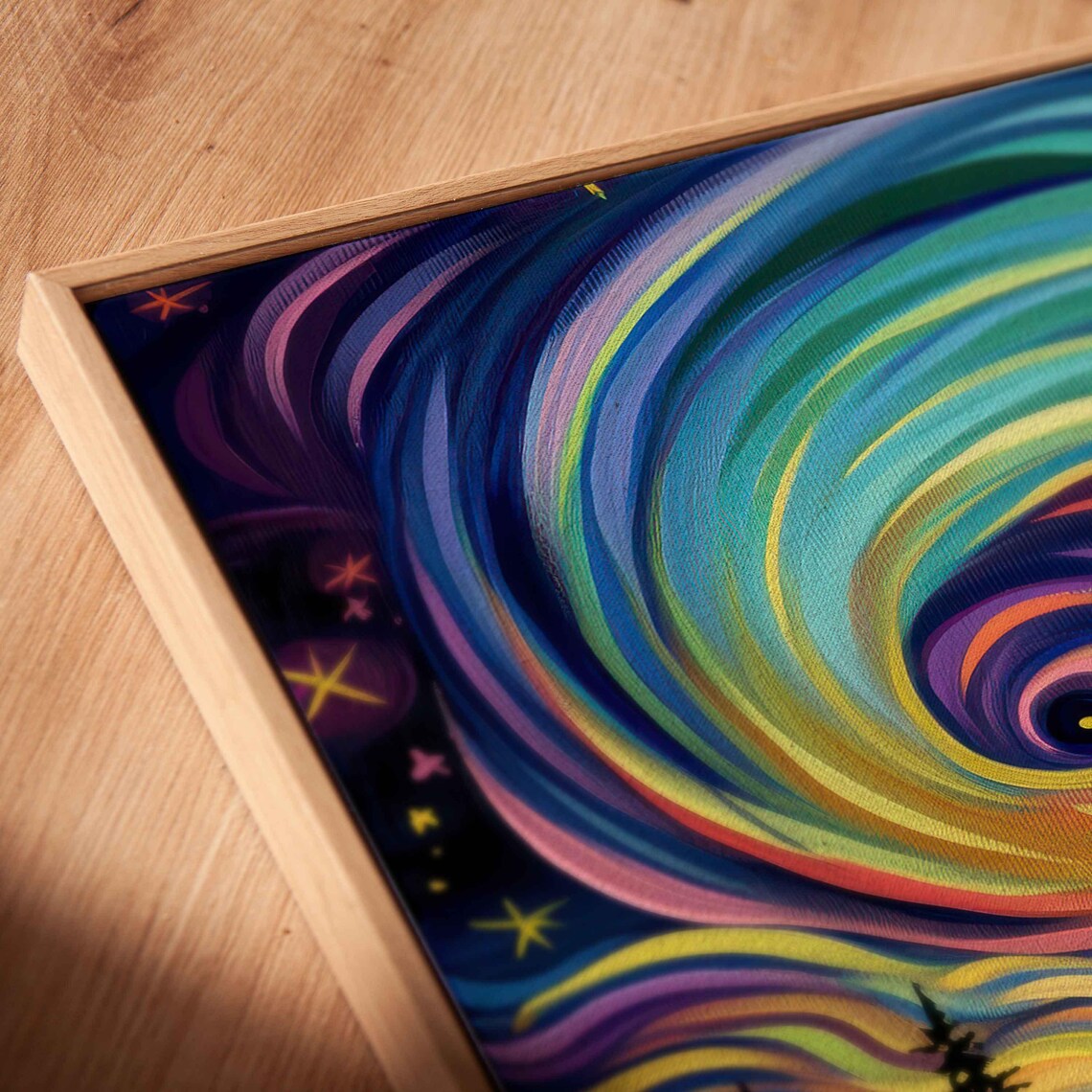 Psychedelic Rainbow Aurora Swirls Over Village Cabins Starry Night Poster - Image 2
