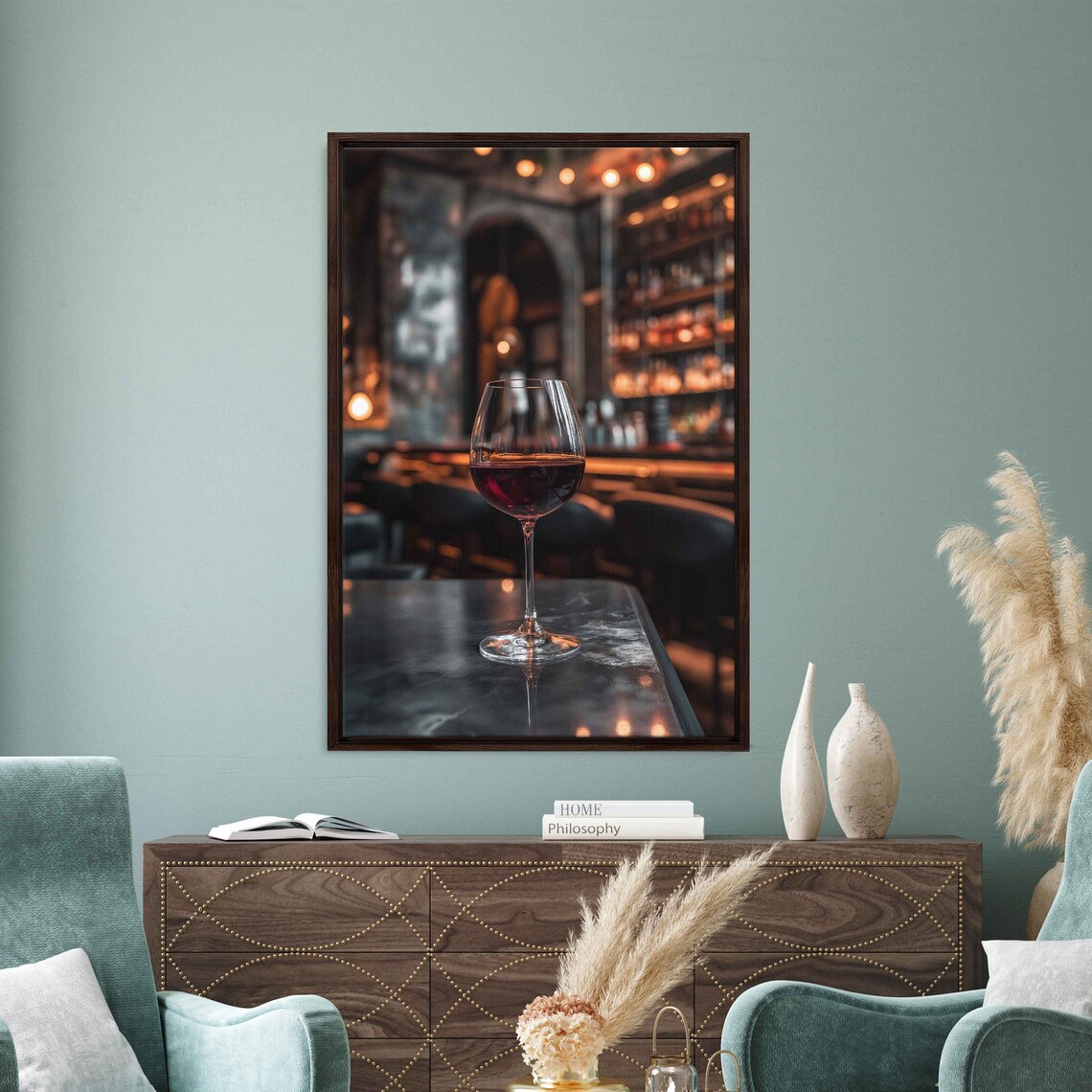 Elegant Red Wine Glass On Bar Moody Ambient Light Photography Poster - Image 3