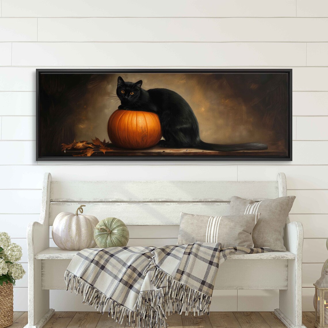 Black Cat Draped Over Pumpkin Vintage Oil Painting Halloween Wall Art - Image 3