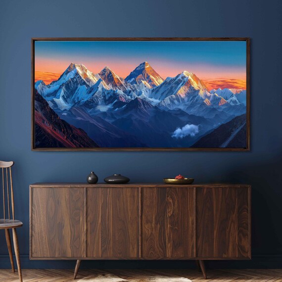 Himalayan Mountain Range Wall Art Print Panoramic Acrylic View Vibrant Blues And Warm Golds
