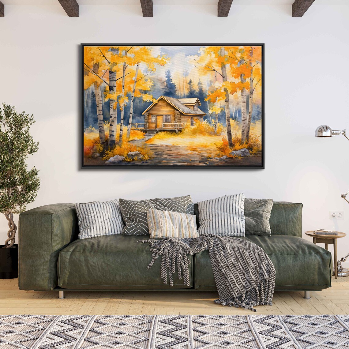 Log Cabin Among Golden Birch Trees In Autumn Watercolor Art Poster - Image 3