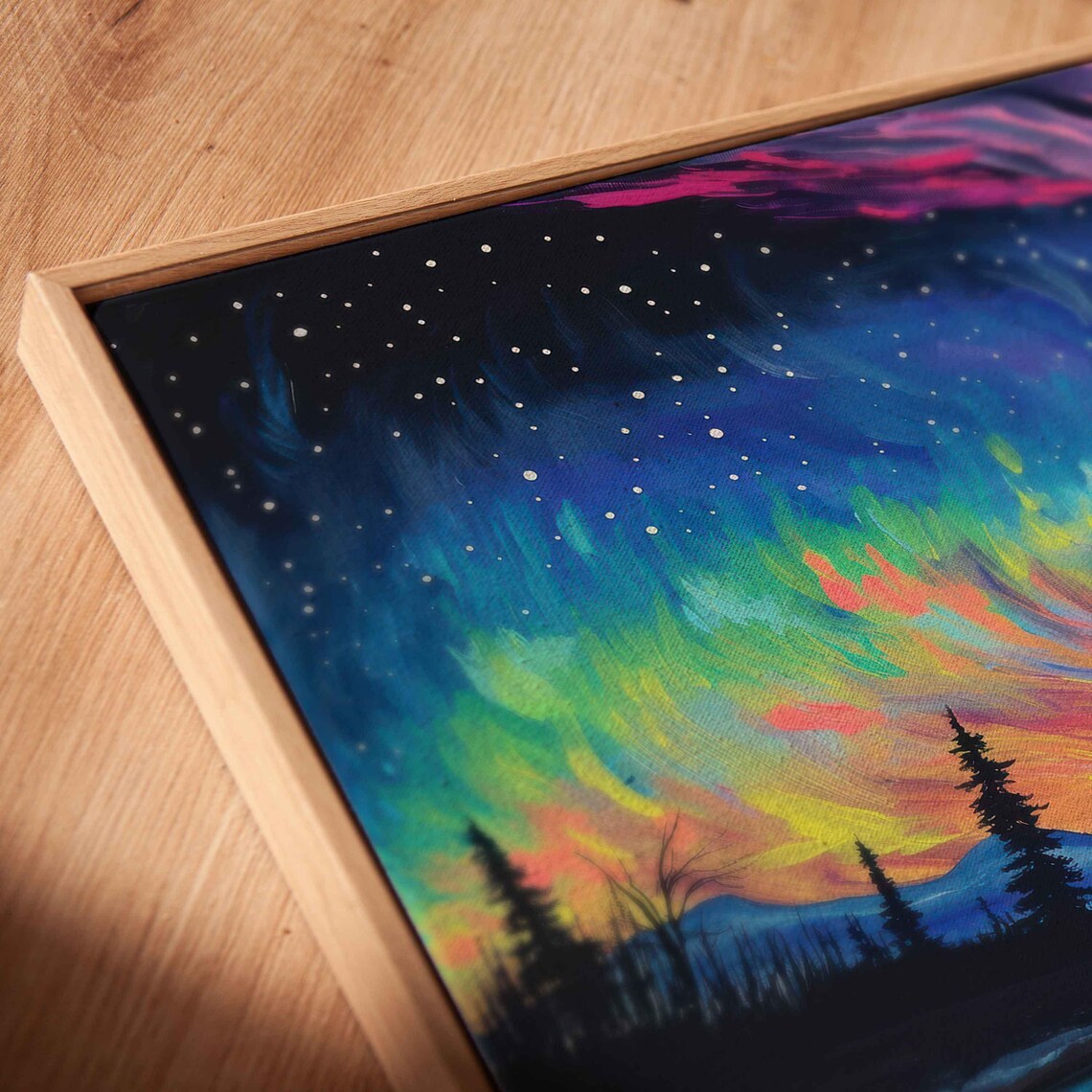 Colorful Northern Lights Over Snowy Lake Acrylic Painting Poster - Image 2