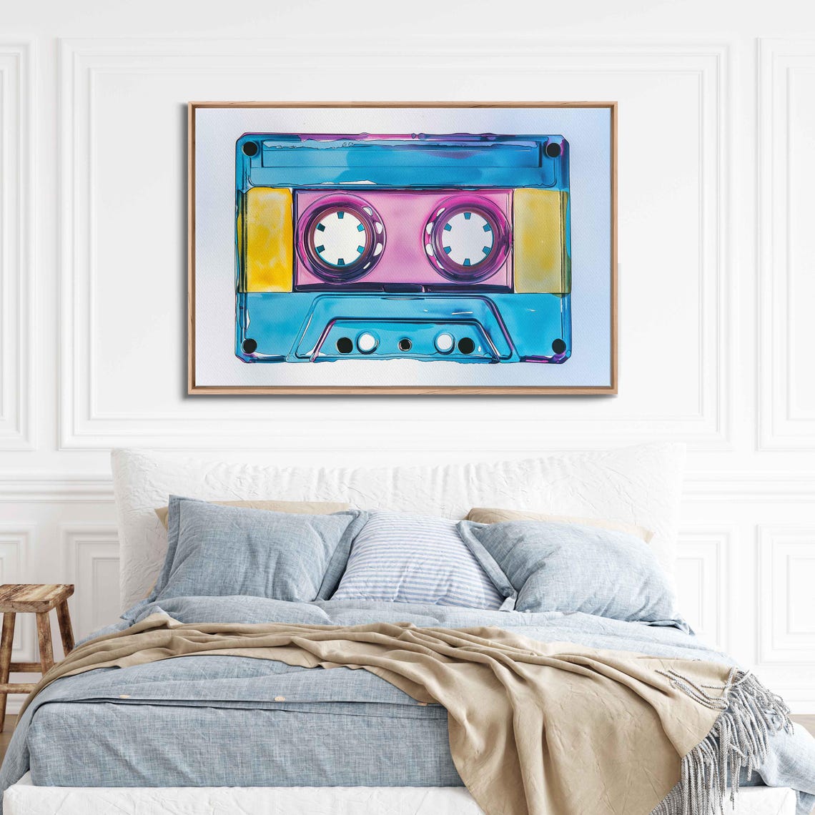 Pop Art Retro Cassette Tape Blue Pink Yellow Watercolor Wall Poster