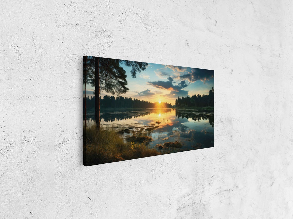 Golden Sunrise Forest Lake Still Water Reflection Reeds Nature Poster - Image 4