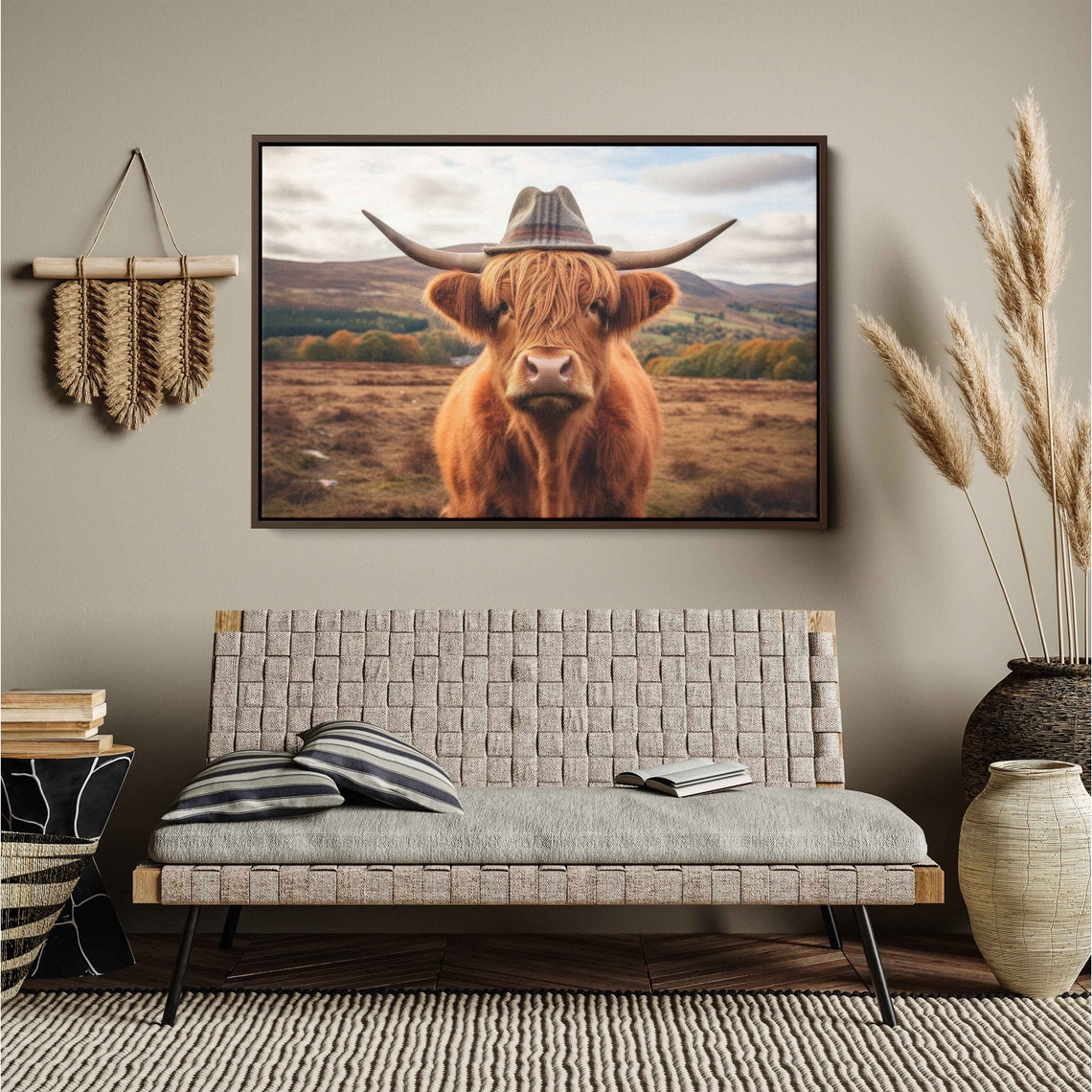 Highland Cow Wearing Hat Rustic Farm Animal Funny Cow Wall Art Print